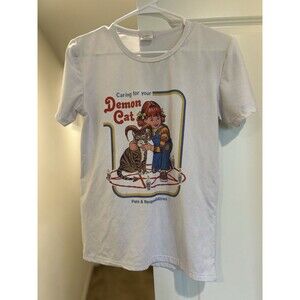 Steven Rhodes Women’s Demon Cat White T-Shirt, stretchy Material, M